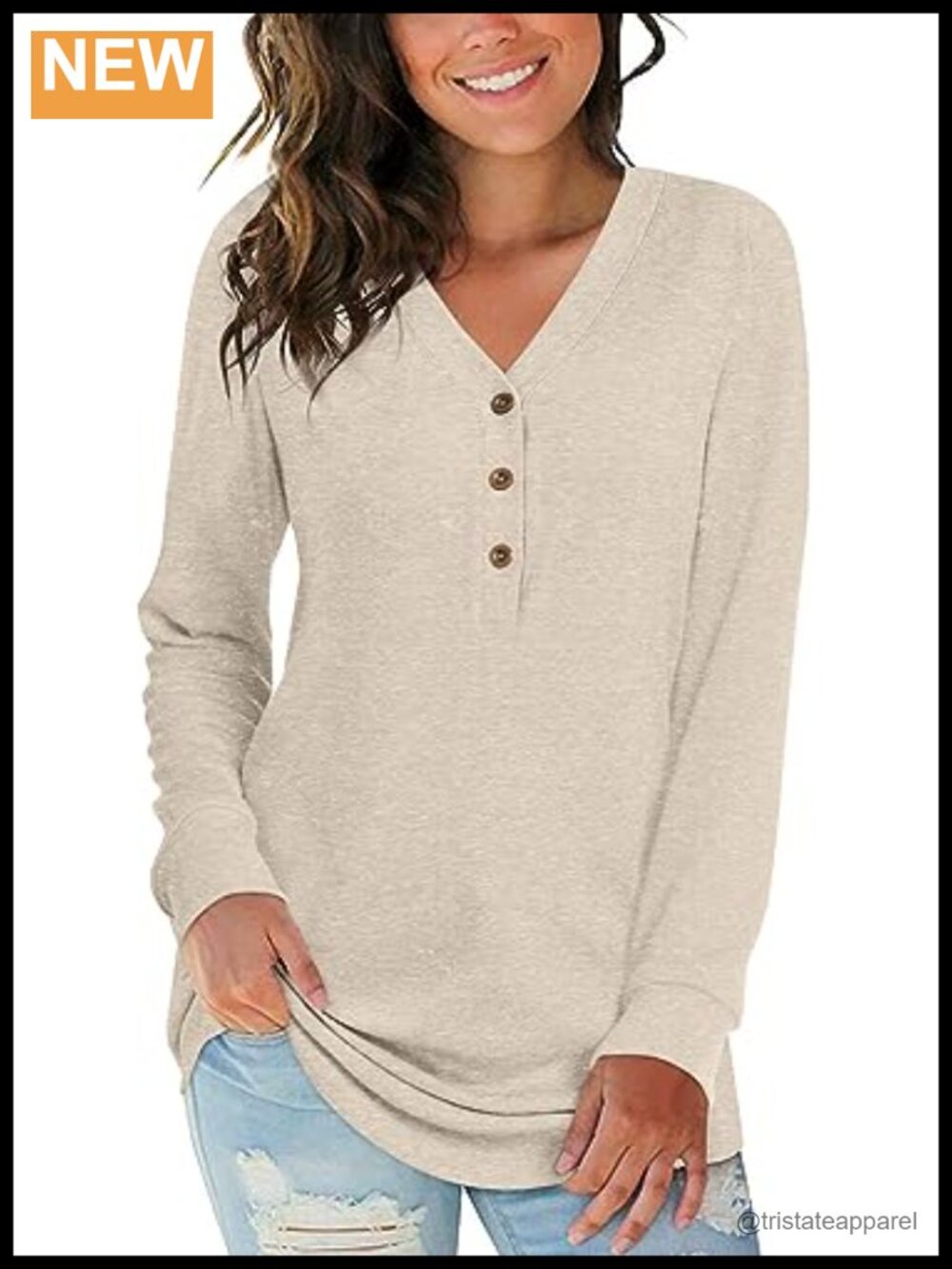 Womens Long Sleeve V-Neck Henley Tunic Top Button Down Casual Blouse